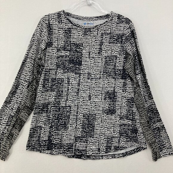 IBKUL Large Black White Abstract Stretch Crew Neck Long Sleeve Top Golf Active - Picture 1 of 8